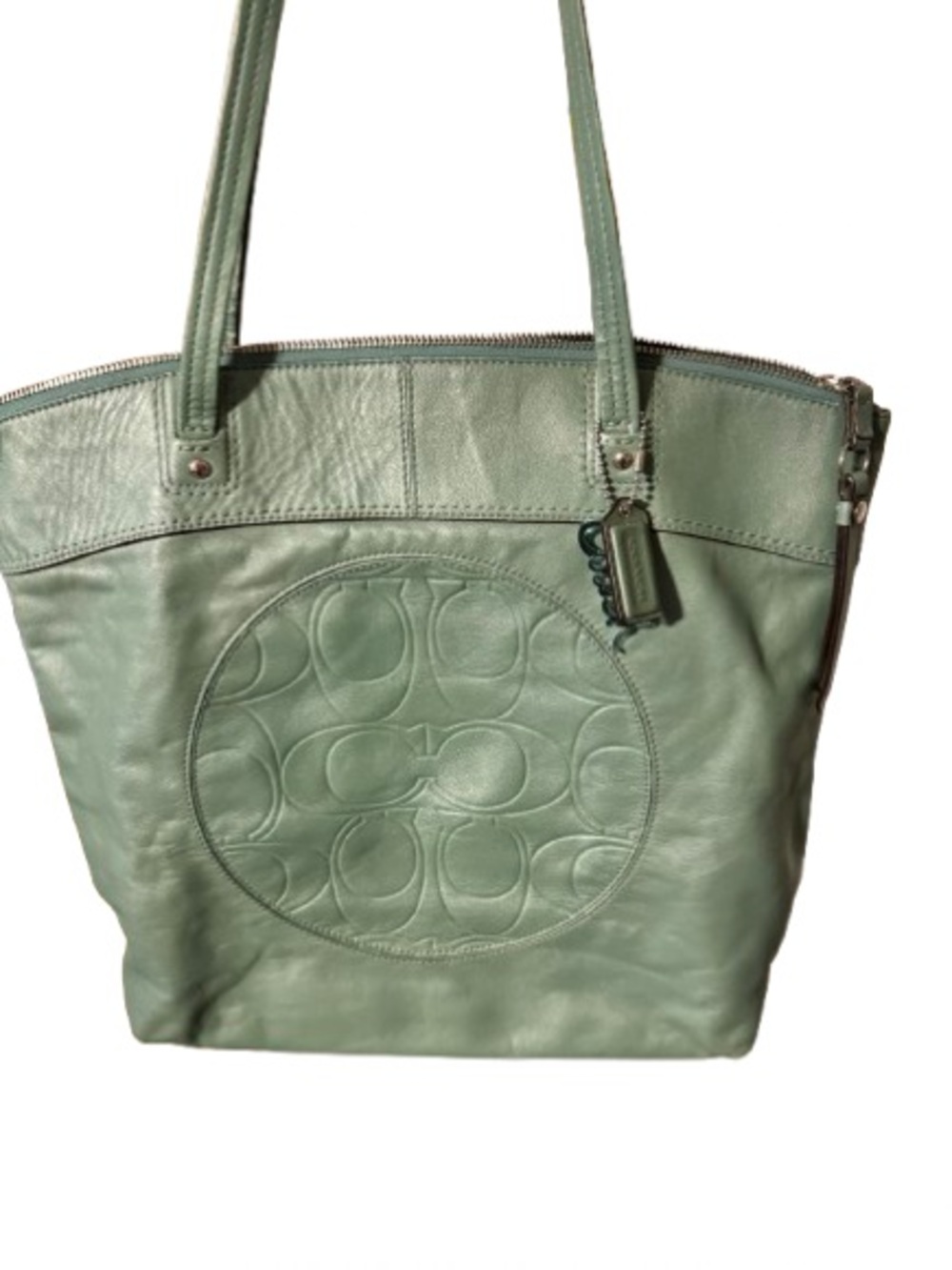 Coach Turquoise Leather Shoulder Tote with Signature Medallion-Fair Condition